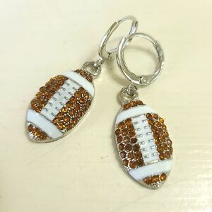 Football NFL sport theme dangle earrings - brown rhinestone white enamel